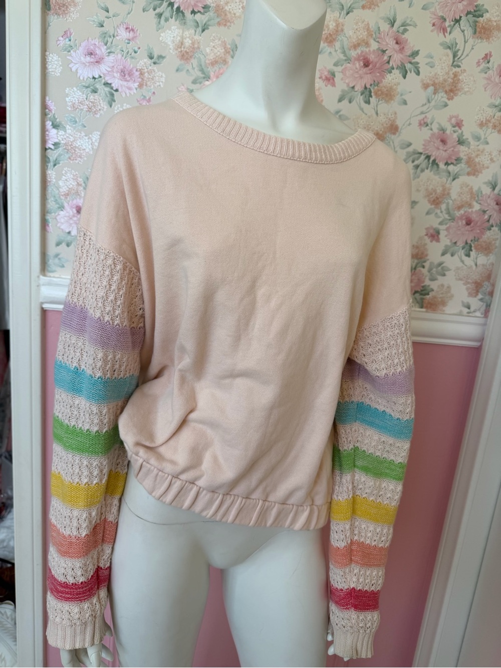 Anthropologie Pastel Pink Sweater with Multicolor Striped Sleeves